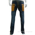 Men's denim jeans, special design with pocket, leather and zipper decorated